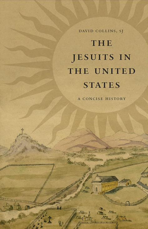 Cover of The Jesuits in the United States, brown and green landscape with large sun containing title of book